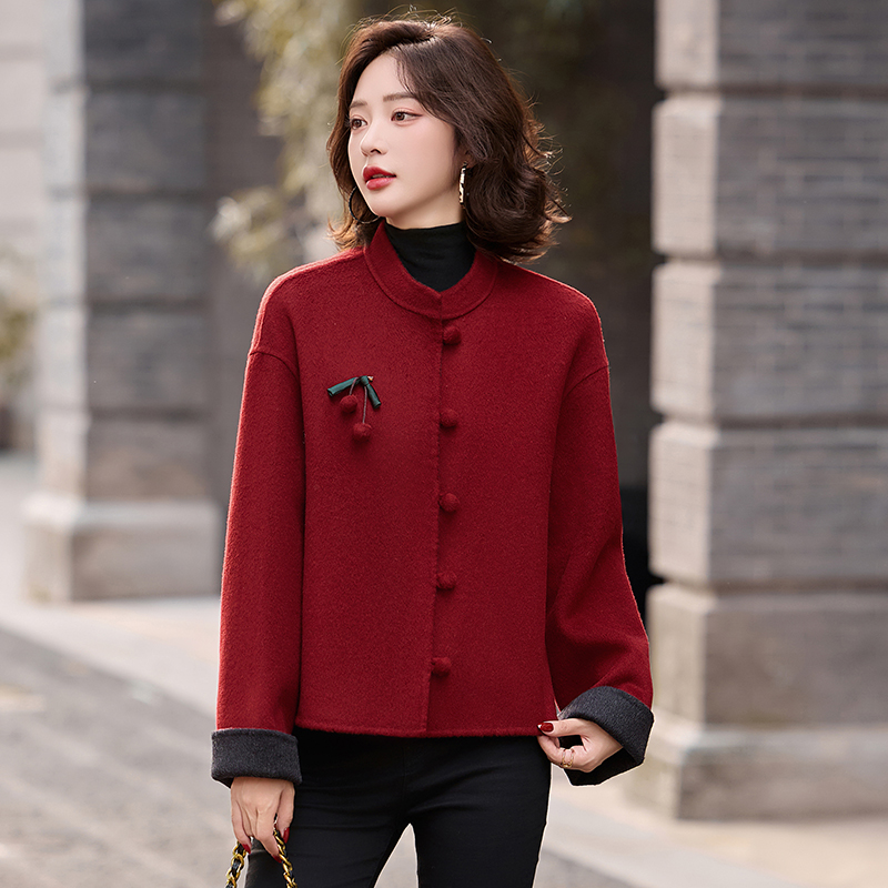 高档妈妈羊毛呢子外套2025新款中年女小香风双面呢大衣红色婚宴装