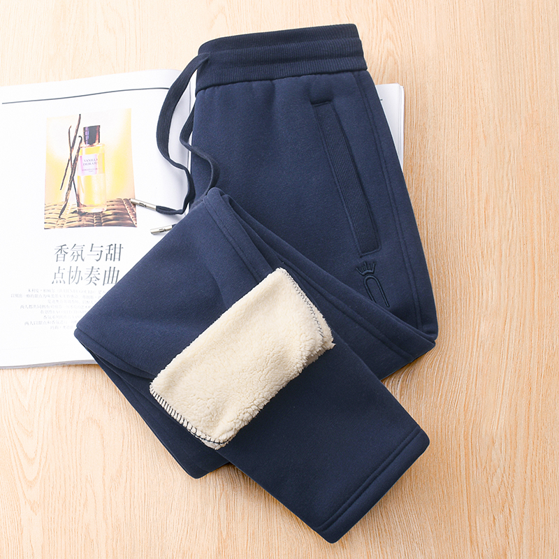 超厚羊羔绒卫裤女加绒加厚运动裤冬季藏青休闲直筒裤保暖棉裤外穿