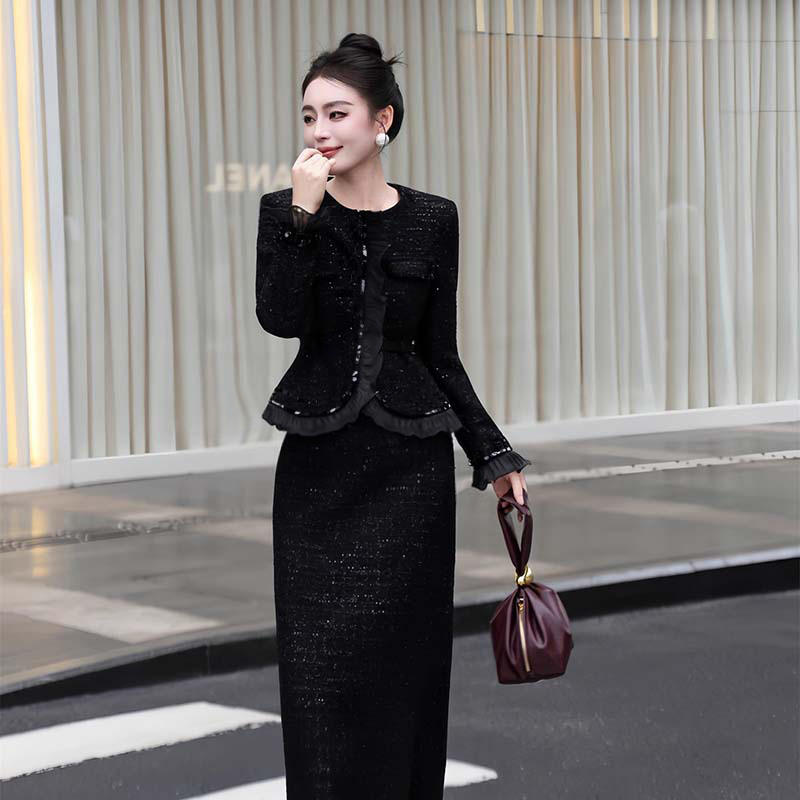 【有里布】法式小香风轻奢时尚长裙秋冬新设计感木耳边连衣裙D4519