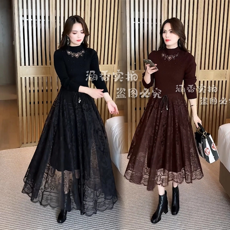 女装连衣裙时尚洋气减龄显瘦秋冬针织蕾丝裙子打底中长款长袖女士