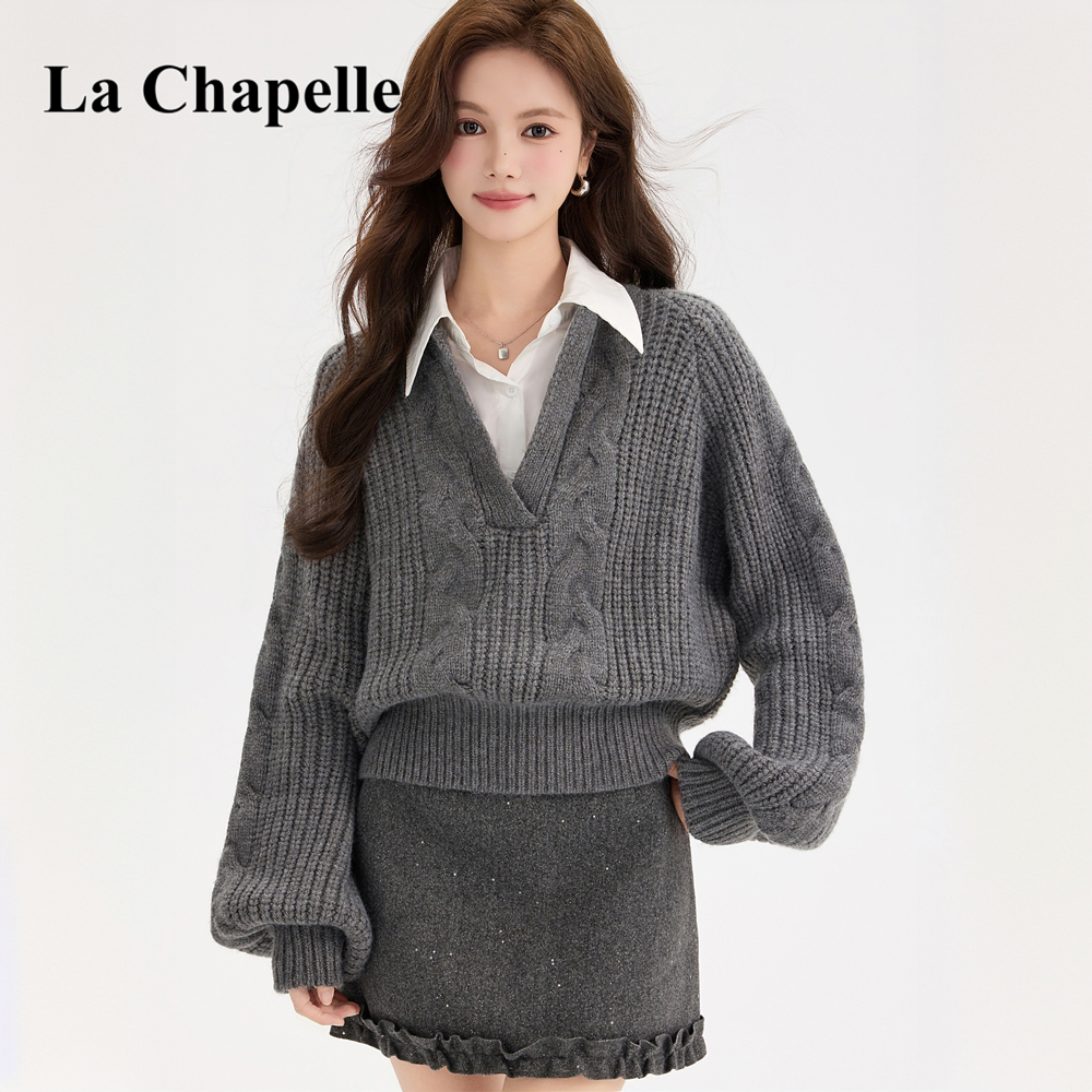 拉夏贝尔时尚灰色v领毛衣女秋冬加厚洋气百搭学院风针织衫外穿