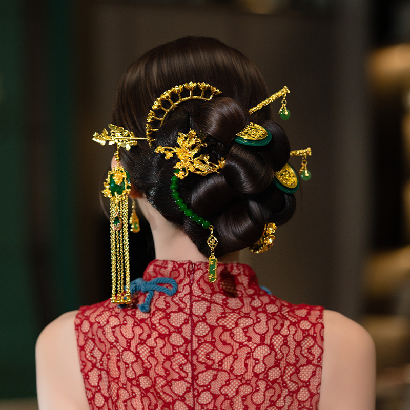 合金树脂婚庆饰品 新娘发饰中式复古金色流苏发簪龙凤褂饰MT0103