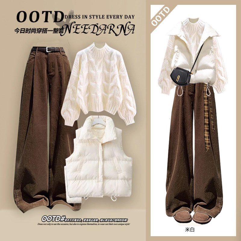 2025冬季套装女韩版宽松学院风加厚麻花毛线外套时尚阔腿裤三件套