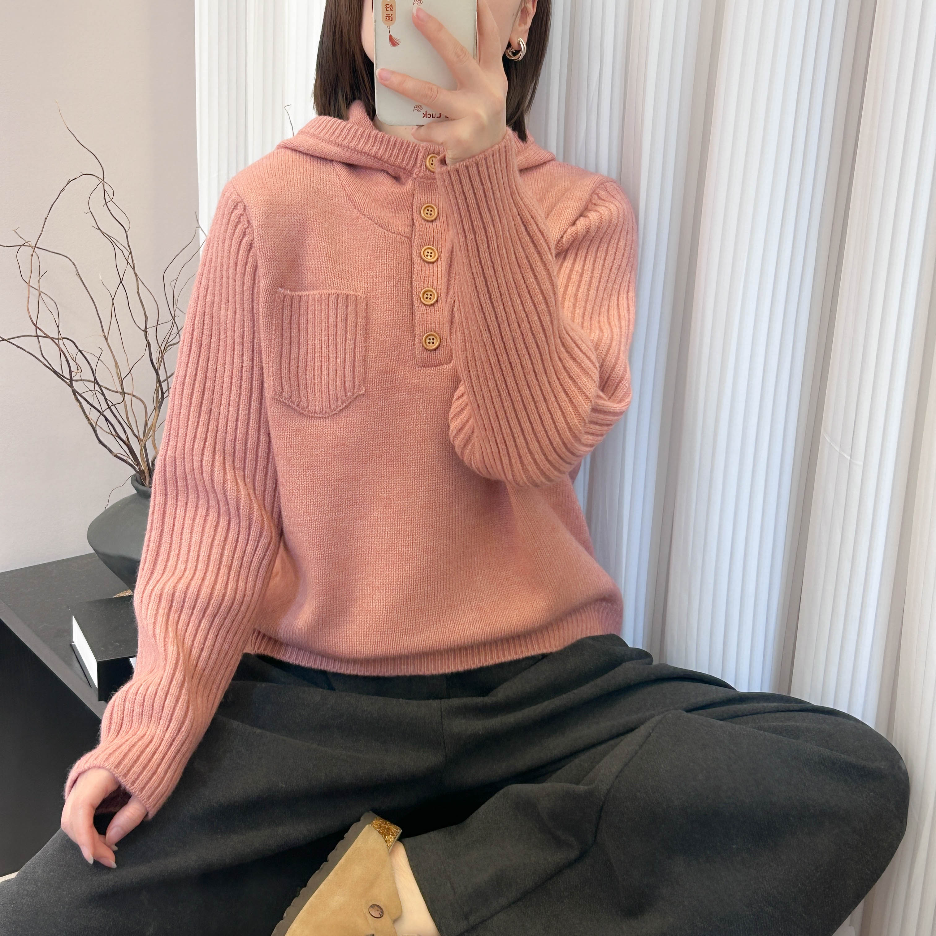 口袋坑条袖子连帽高领针织打底衫秋冬季新款宽松韩版毛衣休闲帽衫