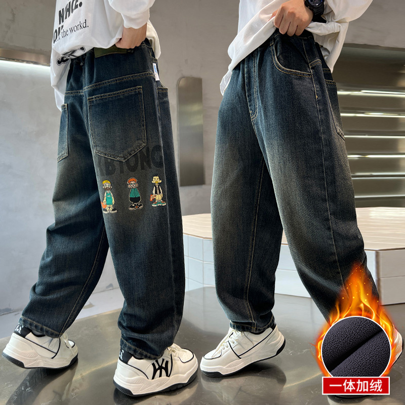 男童加绒裤子冬装2025新款中大童一体绒男孩牛仔裤秋冬儿童休闲裤