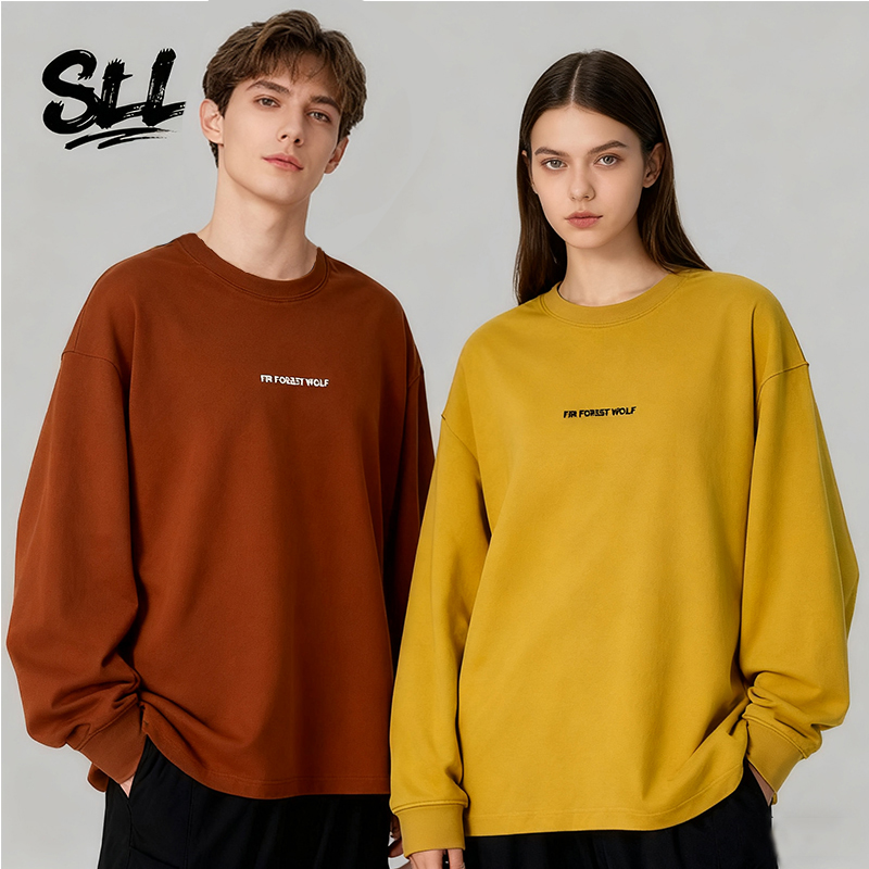 纯棉长袖T恤男款秋季圆领宽松纯色打底衫砂洗棉麻料帅气薄款卫衣