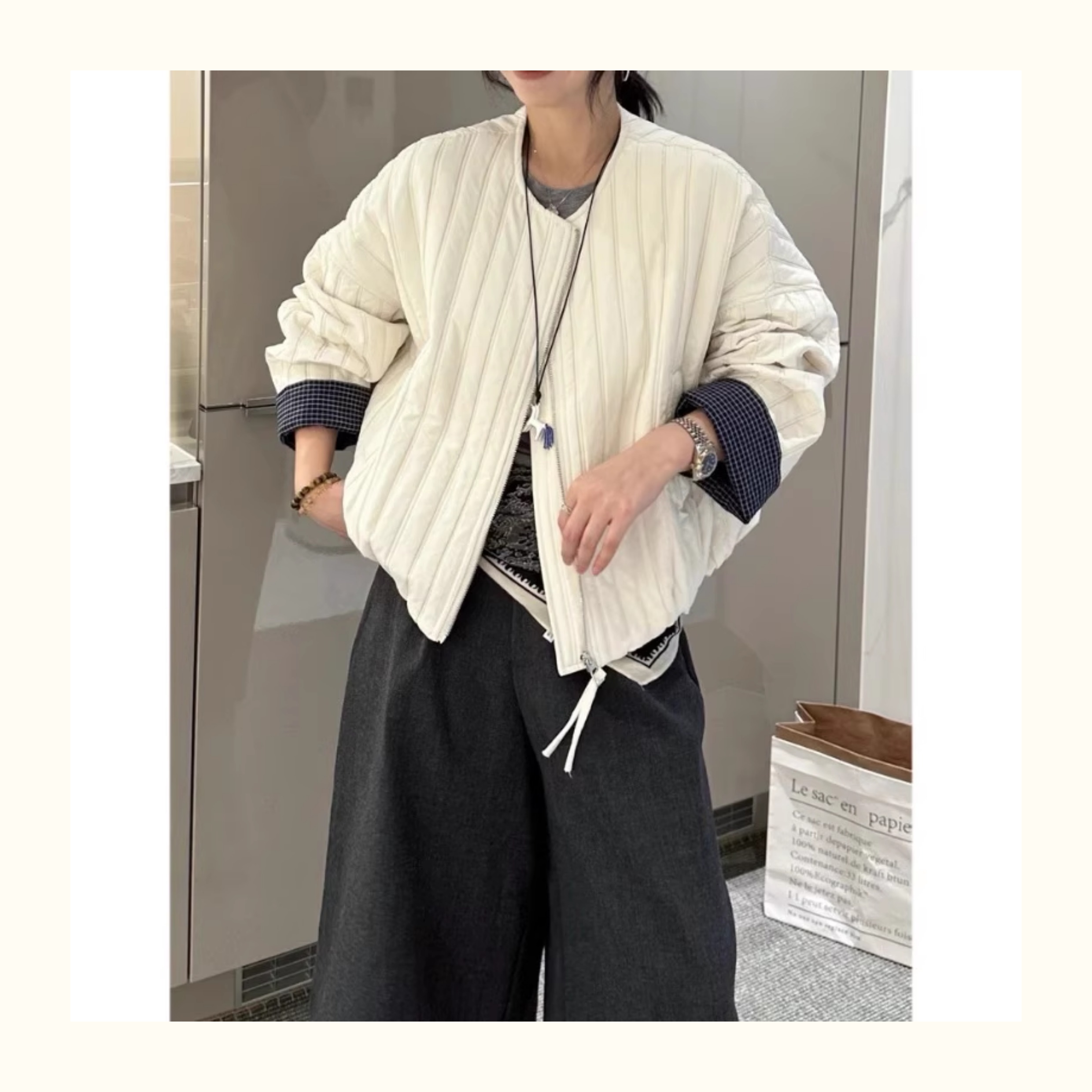 新款简约竖条纹短外套女2025秋冬新款宽松显瘦百搭休闲夹克上衣女