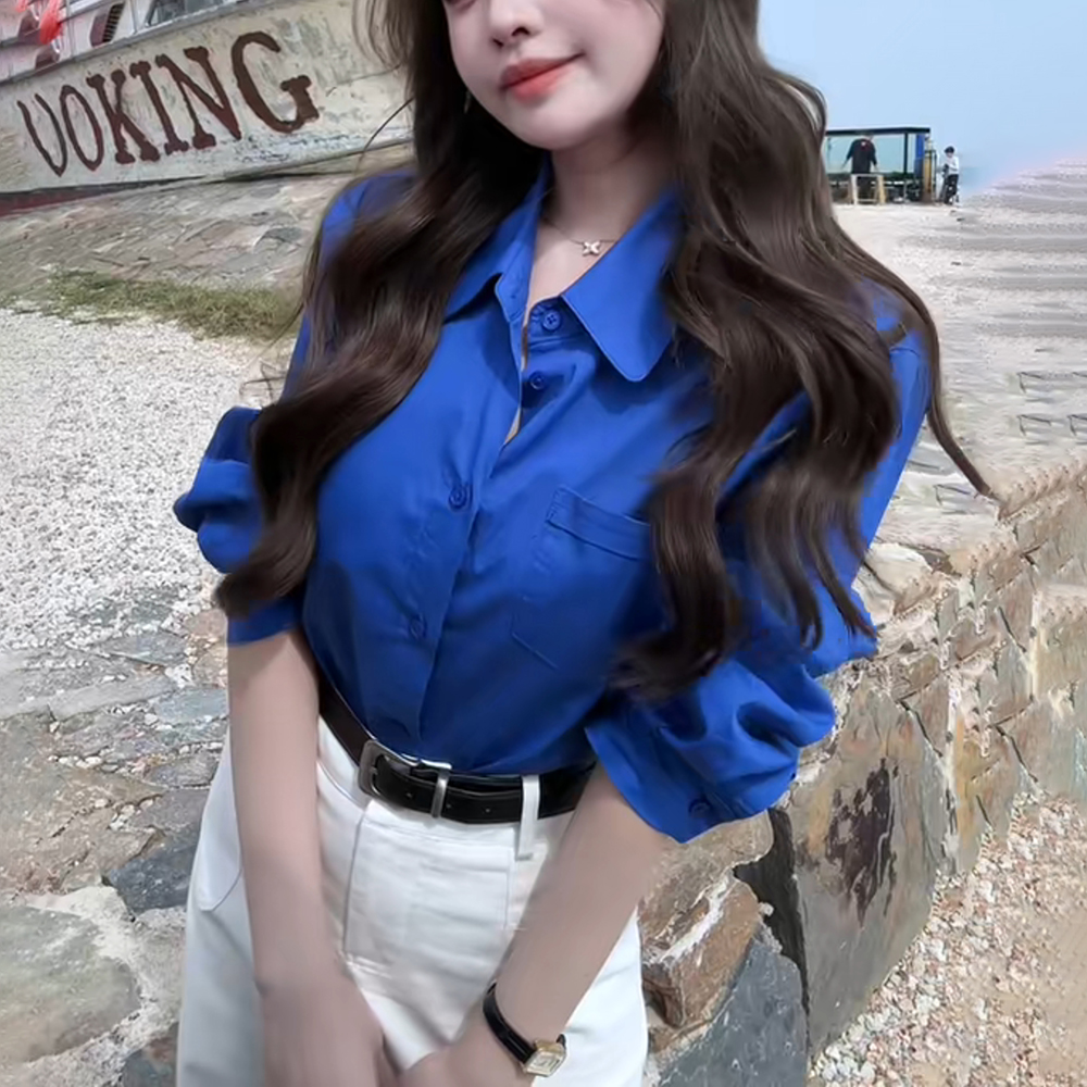 2025秋季新款女克莱因蓝衬衫收腰显瘦时尚高级感减龄洋气衬衣上衣