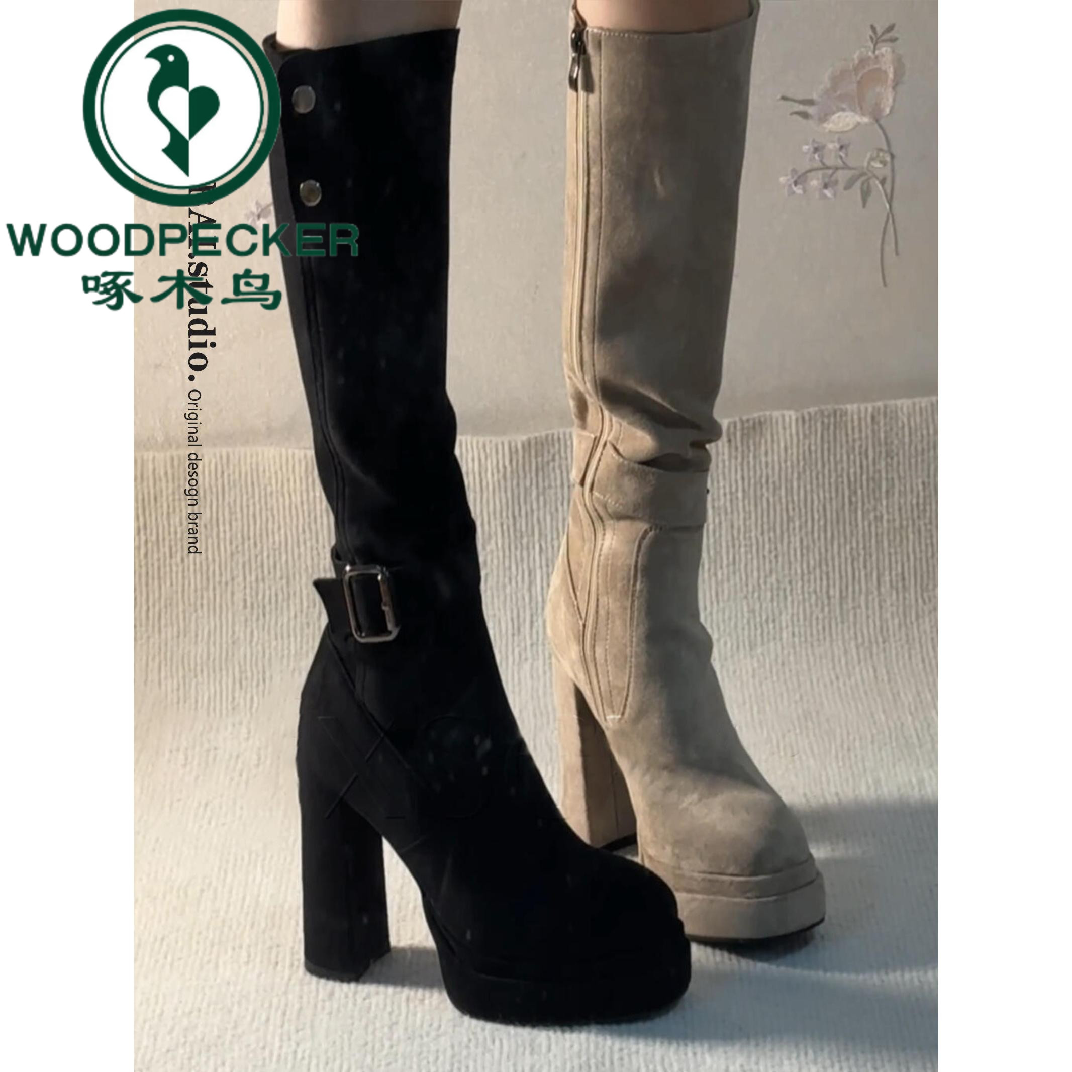 啄木鸟小个子超高跟长筒靴女2025新款秋季绒面高筒厚底弹力瘦瘦靴