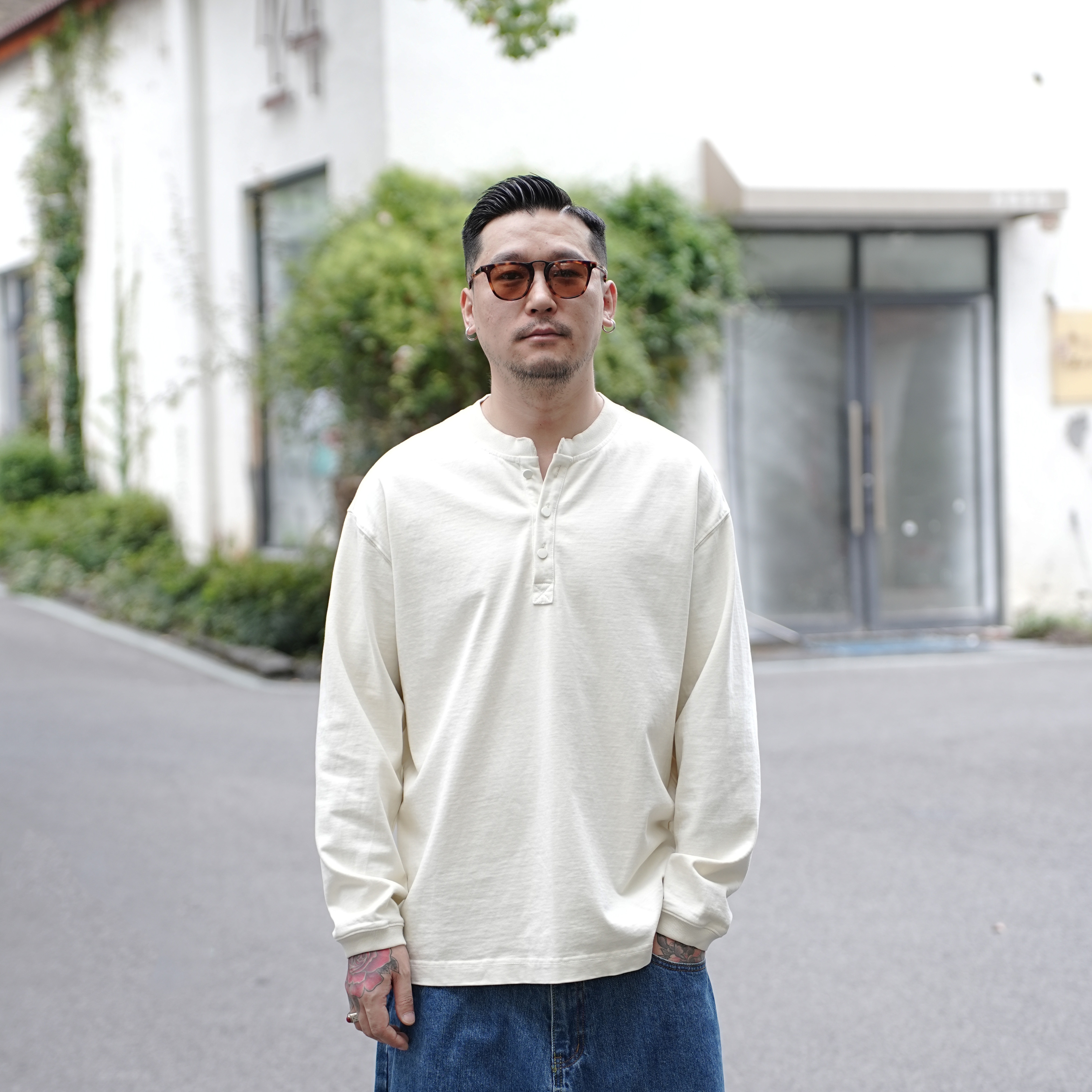 25FW秋季重磅复古亨利领长袖卫衣简约套头休闲纯色立领百搭T恤