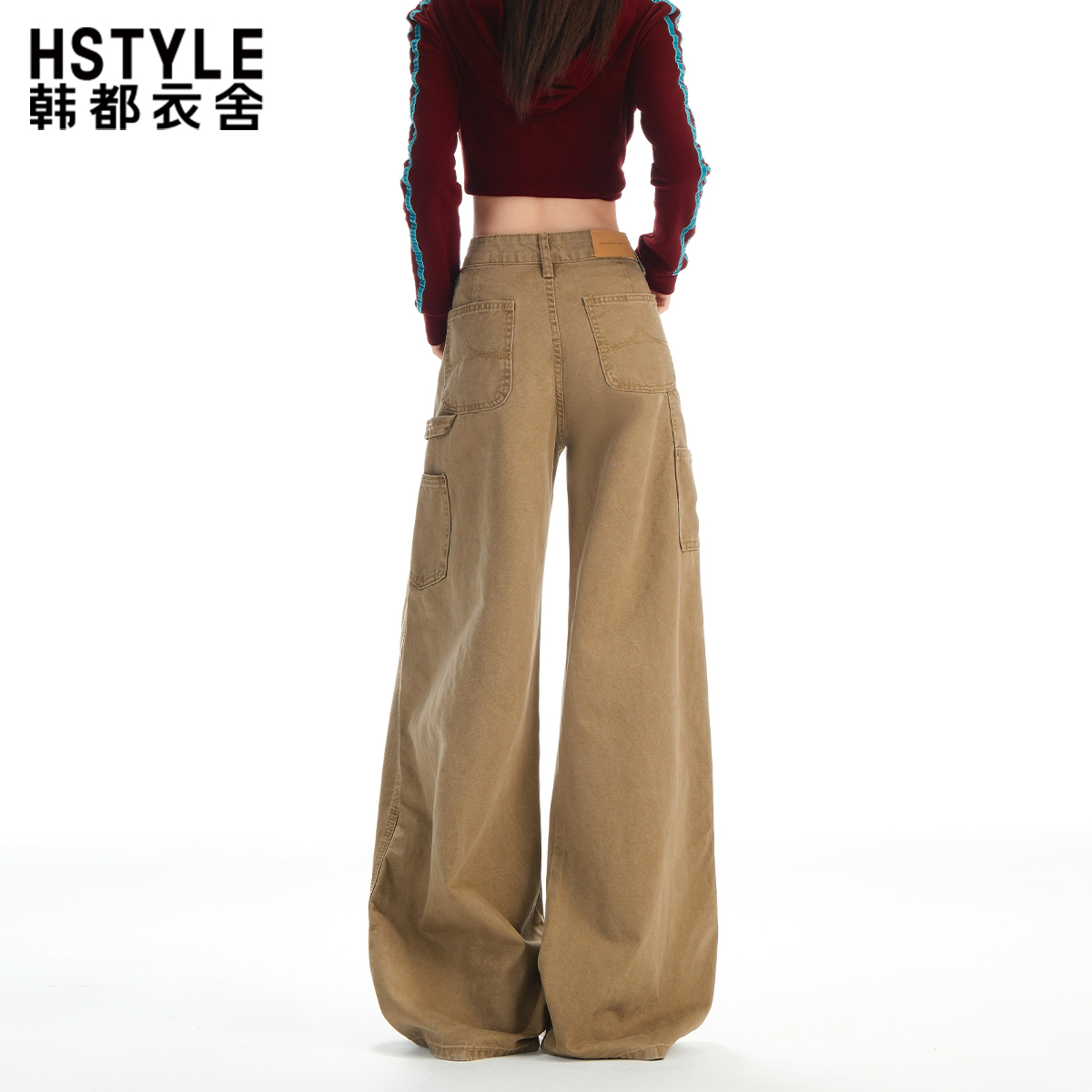 韩都衣舍美式复古卡其色工装牛仔裤女2025秋季新款宽松垂感阔腿裤
