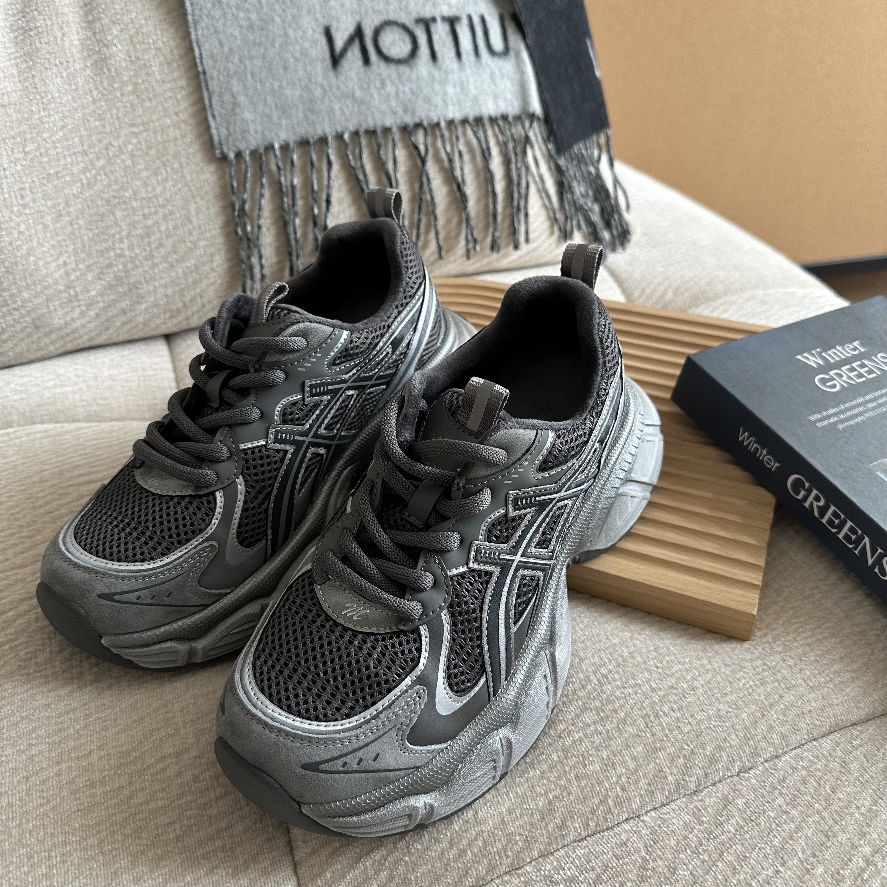 【米可家】秋冬加绒厚底灰色老爹鞋1130A