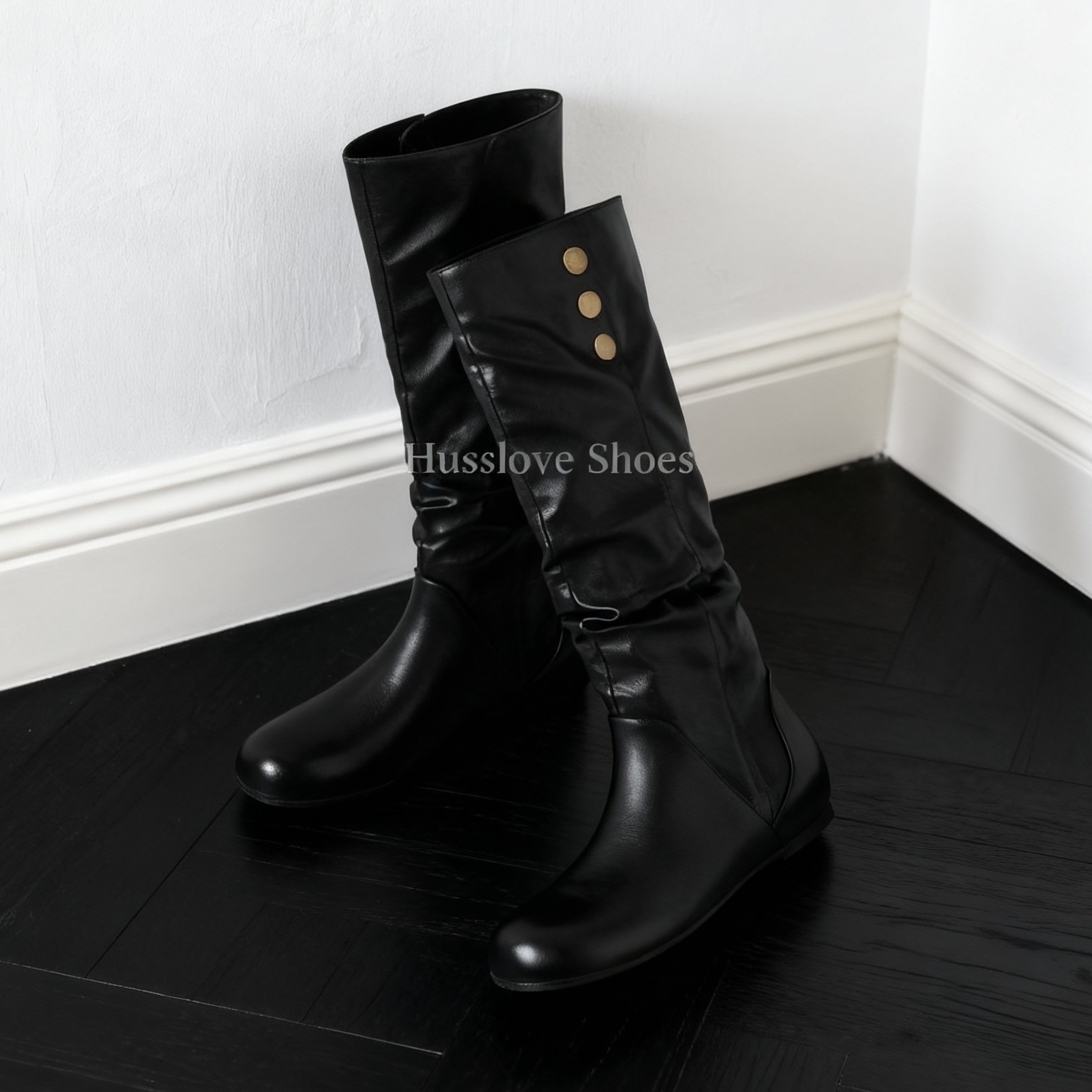 HUSSLOVE 牛皮·跟高4CM· 复古时尚褶皱金属按扣两穿堆堆长筒靴