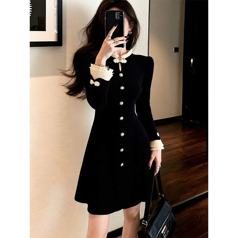 显瘦气质法式秋冬小黑裙长袖收腰女装连衣裙女士2025年冬季黑色聚