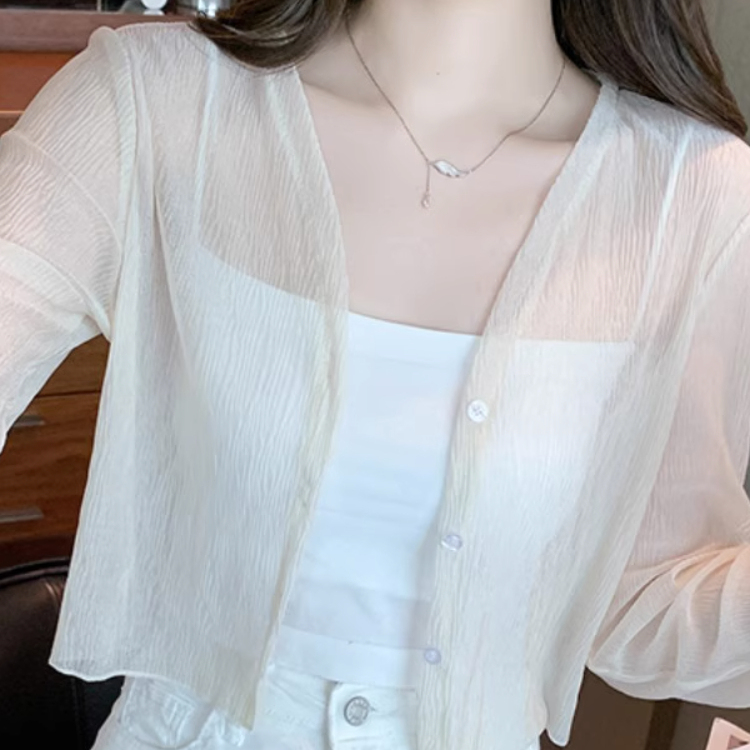 女夏季冰丝薄款白色雪纺开衫配吊带裙外搭防晒衣罩衫小披肩短外套