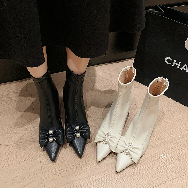 【青南兮】法式珍珠蝴蝶结尖头粗高跟短靴女后拉链气质弹力时装靴