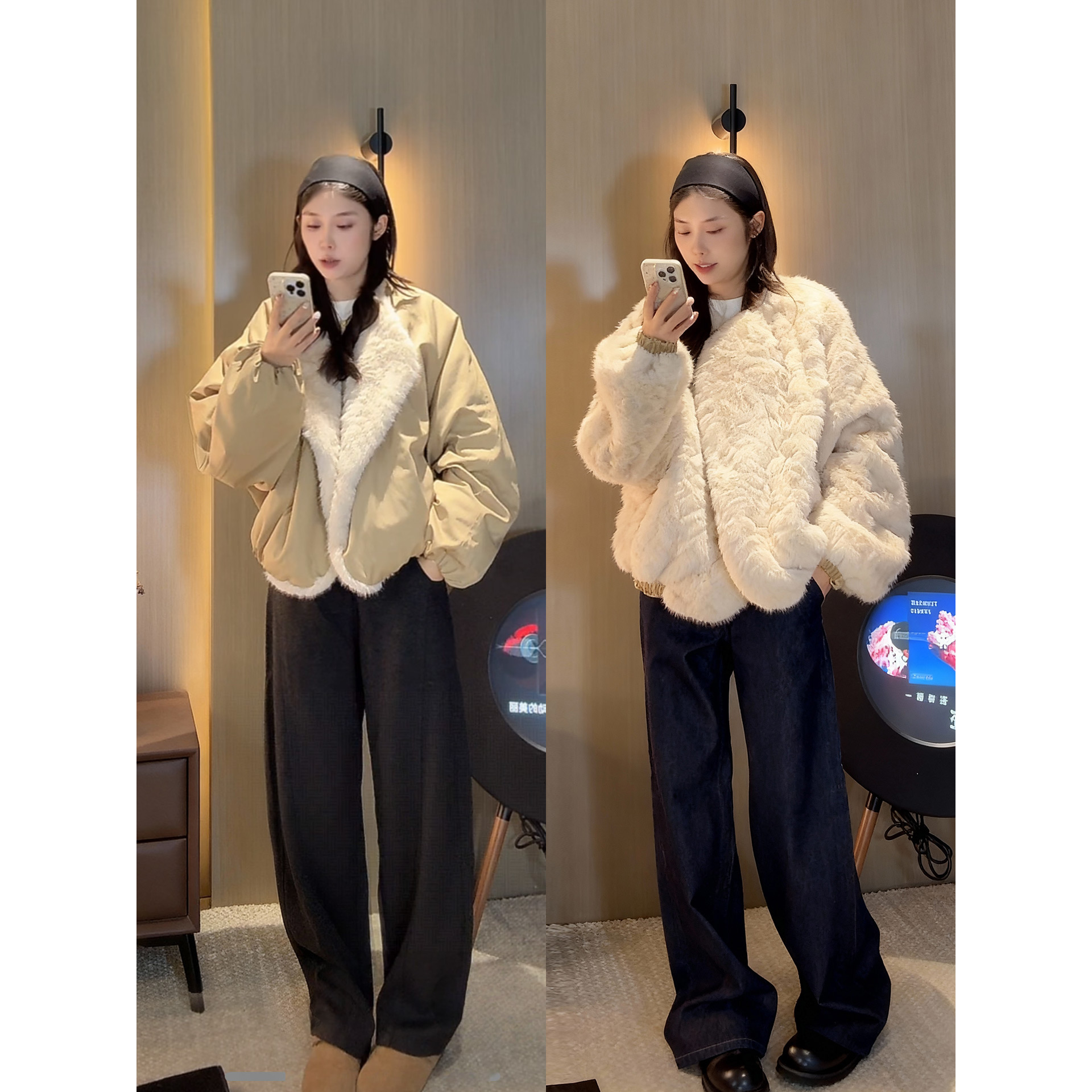 于月同款三色云朵双面穿人造小湖羊欧貂绒宽松网红款贵系毛毛外套