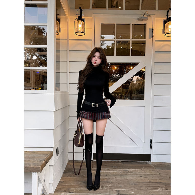 美式辣妹风简约高领打底上衣秋冬季新款高腰显瘦A字百褶短裙套装