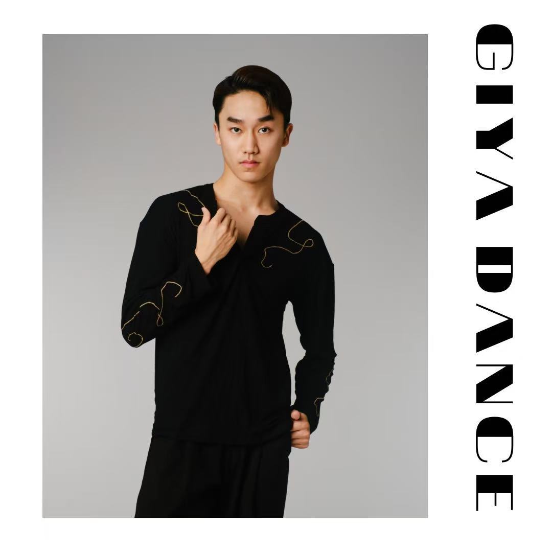 GIYA「悟空」男士新款黑色线条感长袖拉丁舞练功表演服