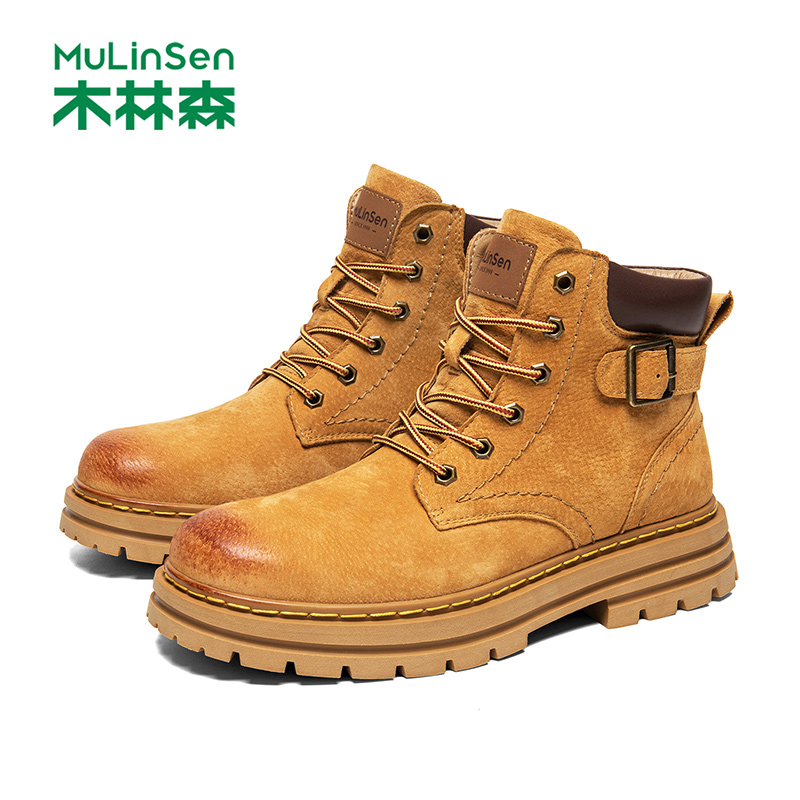 木林森马丁靴男款2025秋季新款复古休闲百搭厚底耐磨高帮大黄靴男