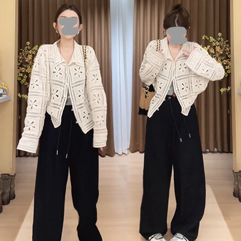 知性风时尚气质套装女2025早秋新款镂空翻领外套高腰休闲裤两件套