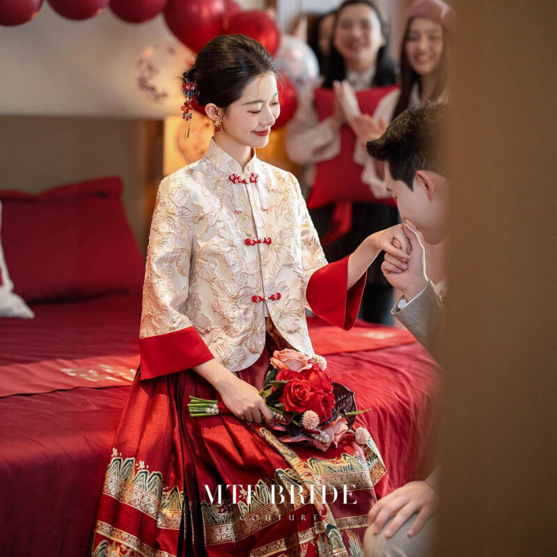 新中式上衣女马面裙套装婚服春夏汉服大码胖敬酒服订婚礼服裙