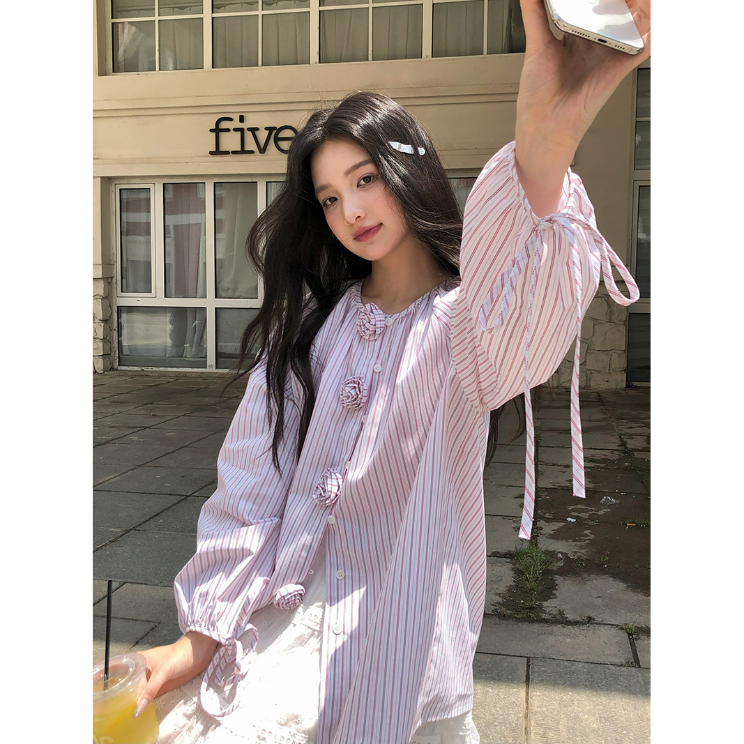 觅定花朵长袖条纹衬衫女春秋设计感衬衣韩系宽松减龄上衣DS12389