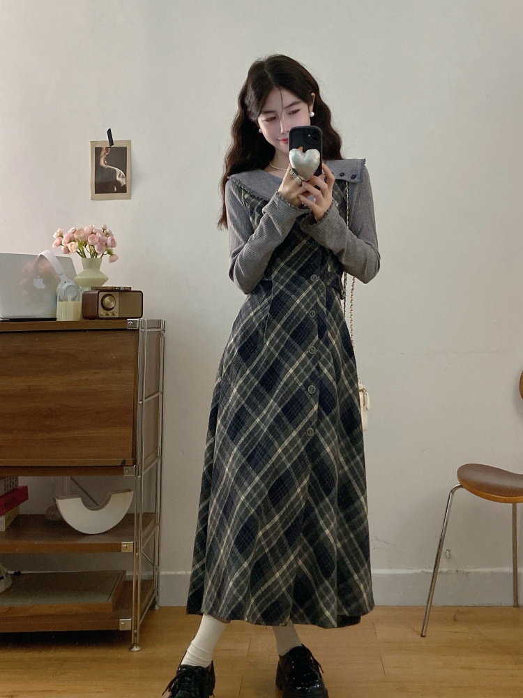 【加绒】秋冬新款设计款A字裙针织拼格纹磨毛假两件大码收腰连衣裙