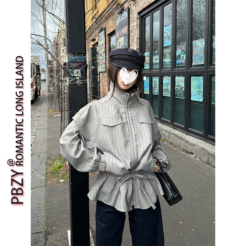 米兰往事  条纹收腰抽绳外套拉链夹克女上衣9148#