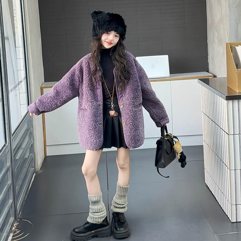 女童秋冬皮毛一体外套2025新款洋气6-12岁加绒加厚百搭开衫外套潮