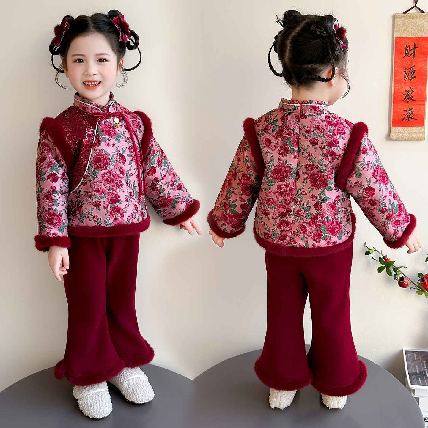 女童宝宝花朵加绒加厚款冬季厚款碎花唐装拜年服中国风加绒