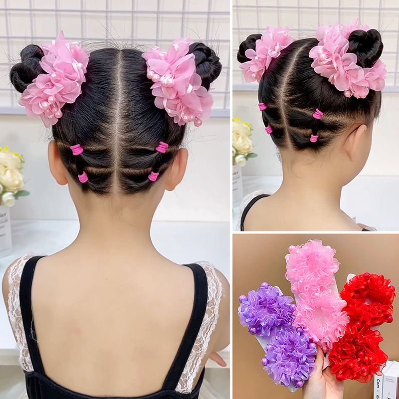 【梦蜜】女童喜庆花花珍珠发圈甜美双丸子头头花宝宝花边国风发饰