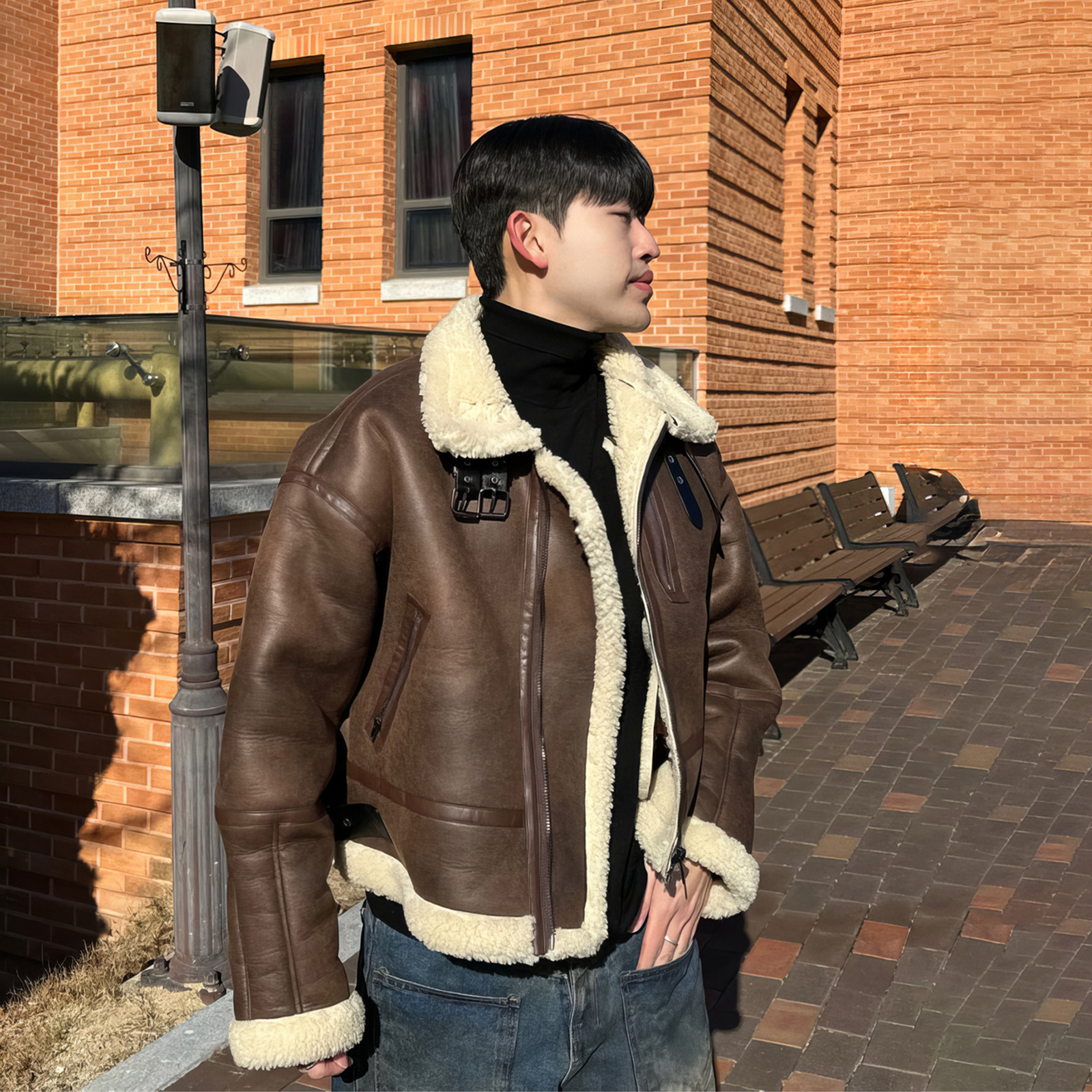 美拉德重磅棕色立领机车夹克外套男秋冬皮毛一体羊羔毛外套短款