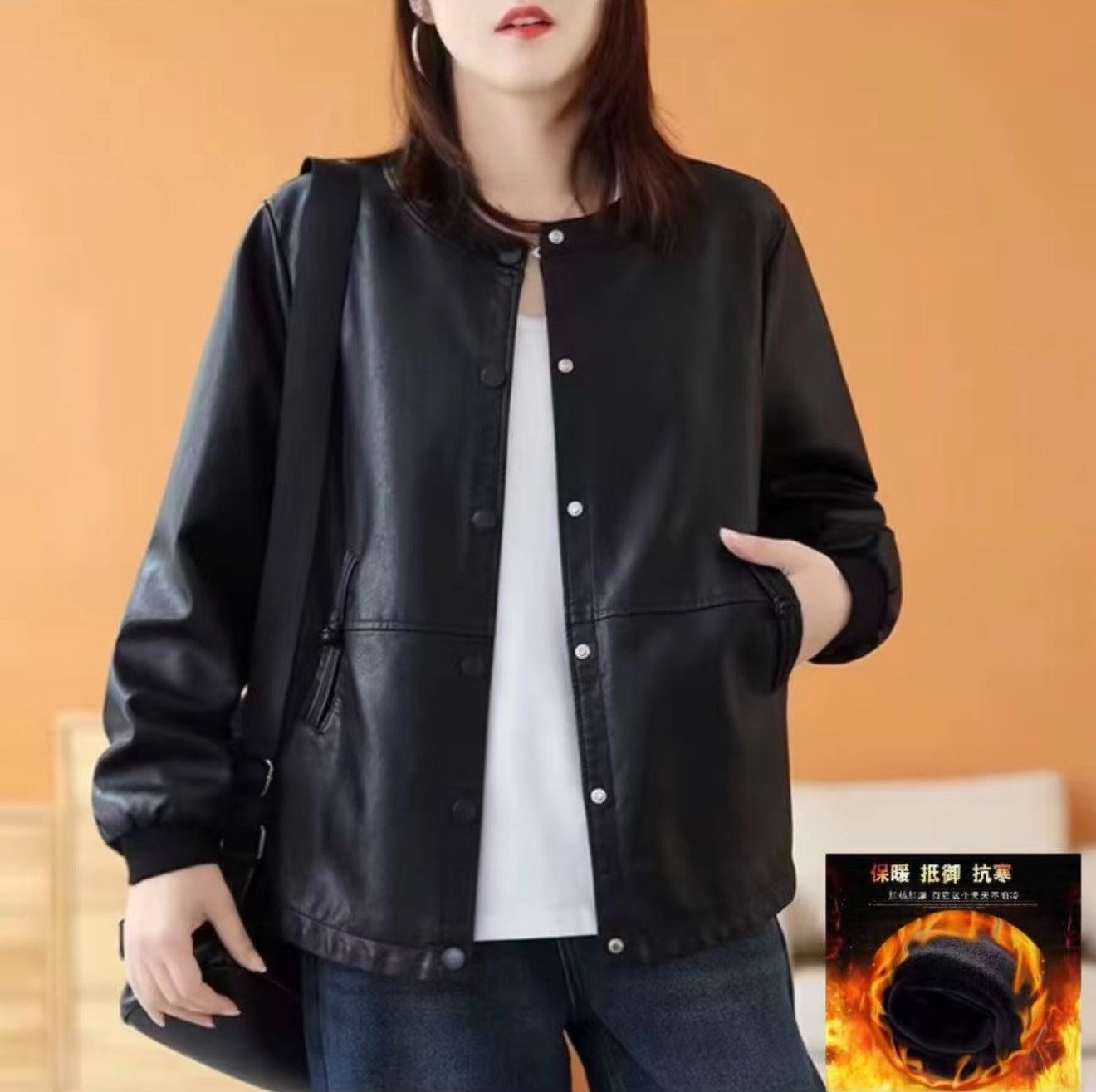 时尚黑色宽松春秋季新款大码女士皮衣休闲盘扣百搭PU外套