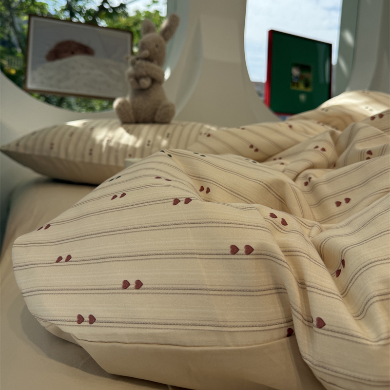 易安阁少女心简约秋冬条纹心悦奶白纯棉磨毛床上四件套1.5米1.8