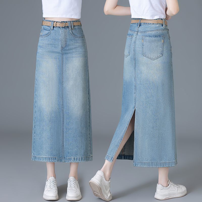 复古蓝水洗牛仔半身裙秋冬季新款中长款开叉直筒a字一步包臀裙子