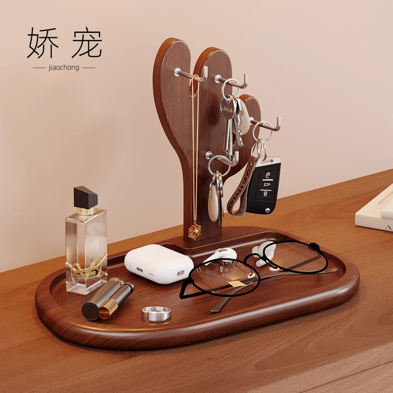 中式复古风竹制国风玄关桌面装饰摆件仙人掌钥匙收纳入户门口边柜