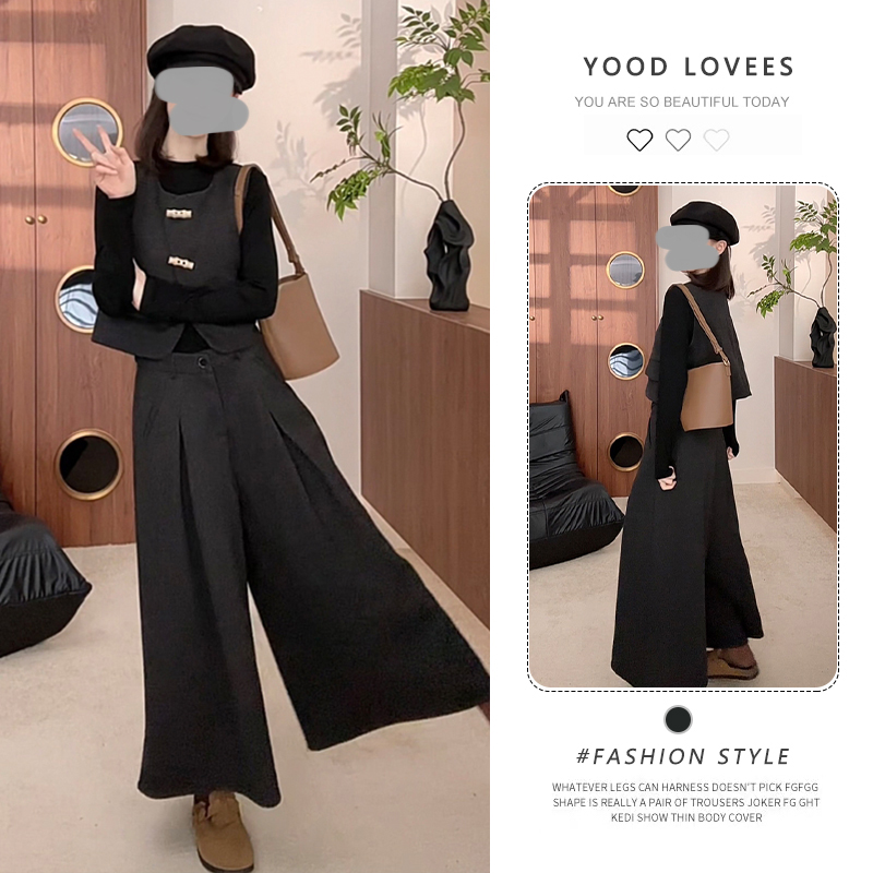 韩版简约时尚套装春秋新款显瘦高级感毛呢打底衫马甲阔腿裤三件套