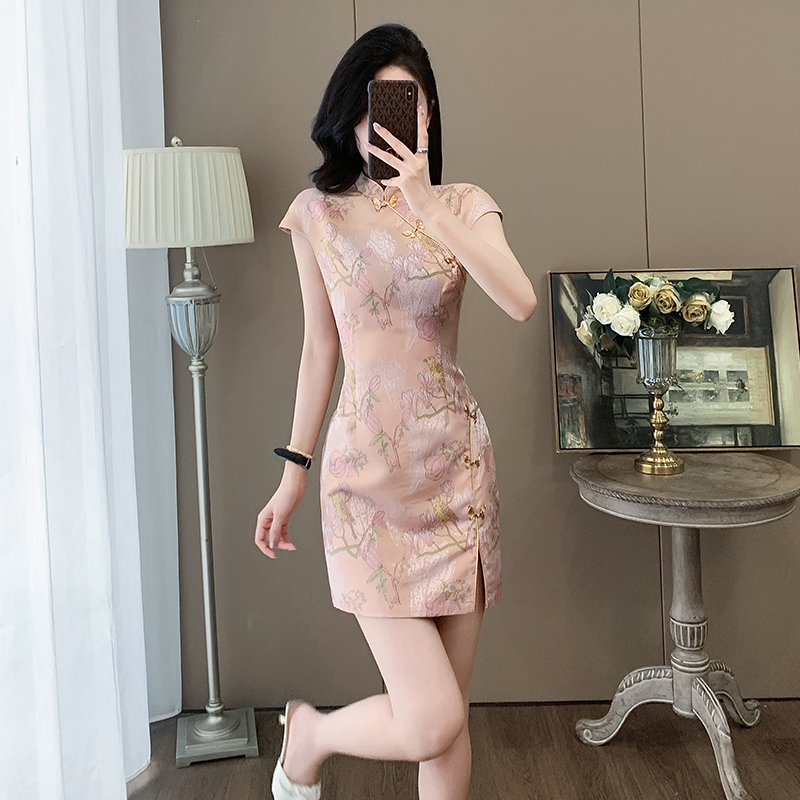 夏季时尚高端绝美修身旗袍短裙女国风盘扣新中式提花连衣裙高级感