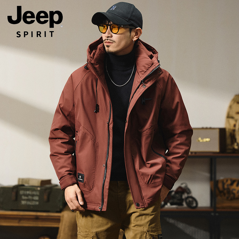 JEEPSPIRIT吉普户外冲锋羽绒服男士外套连帽保暖工装白鸭绒派克服