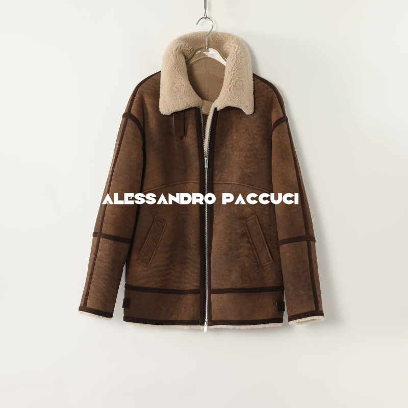 AP洛哥54003CM【黑标系列】土耳其进口羊皮毛一体翻领复古机车外套