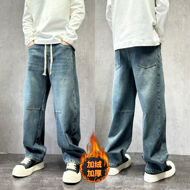 设计感拼接松紧腰蓝色牛仔裤男款秋冬宽松直筒裤美式潮牌加绒裤子