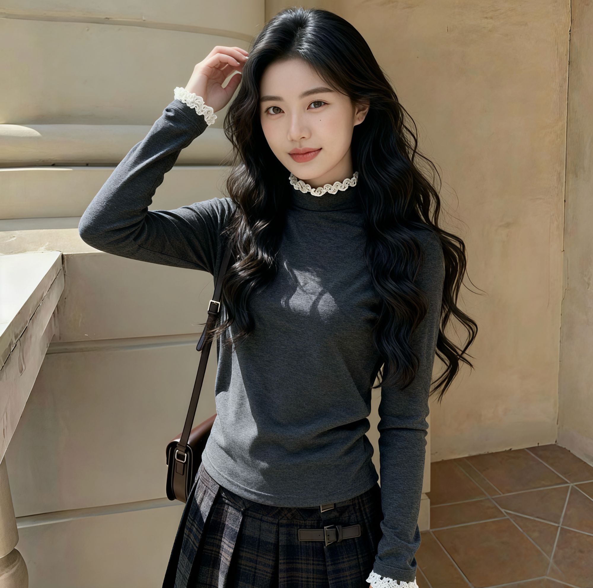 时尚双面拜尔绒保暖T恤秋冬新款花边蕾丝领长袖打底衫拼接上衣女