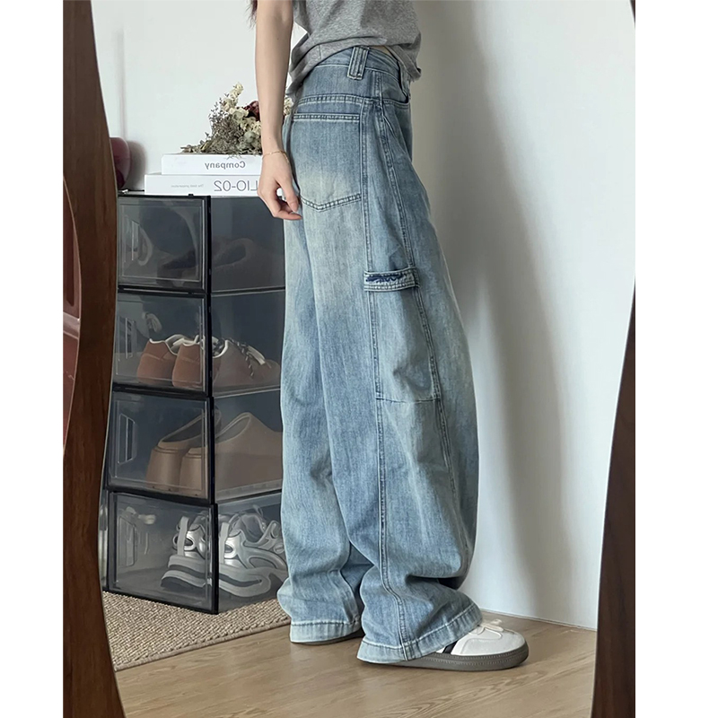 浅蓝色弯刀牛仔裤女秋季2025新款高腰显瘦设计感高街工装阔腿裤子