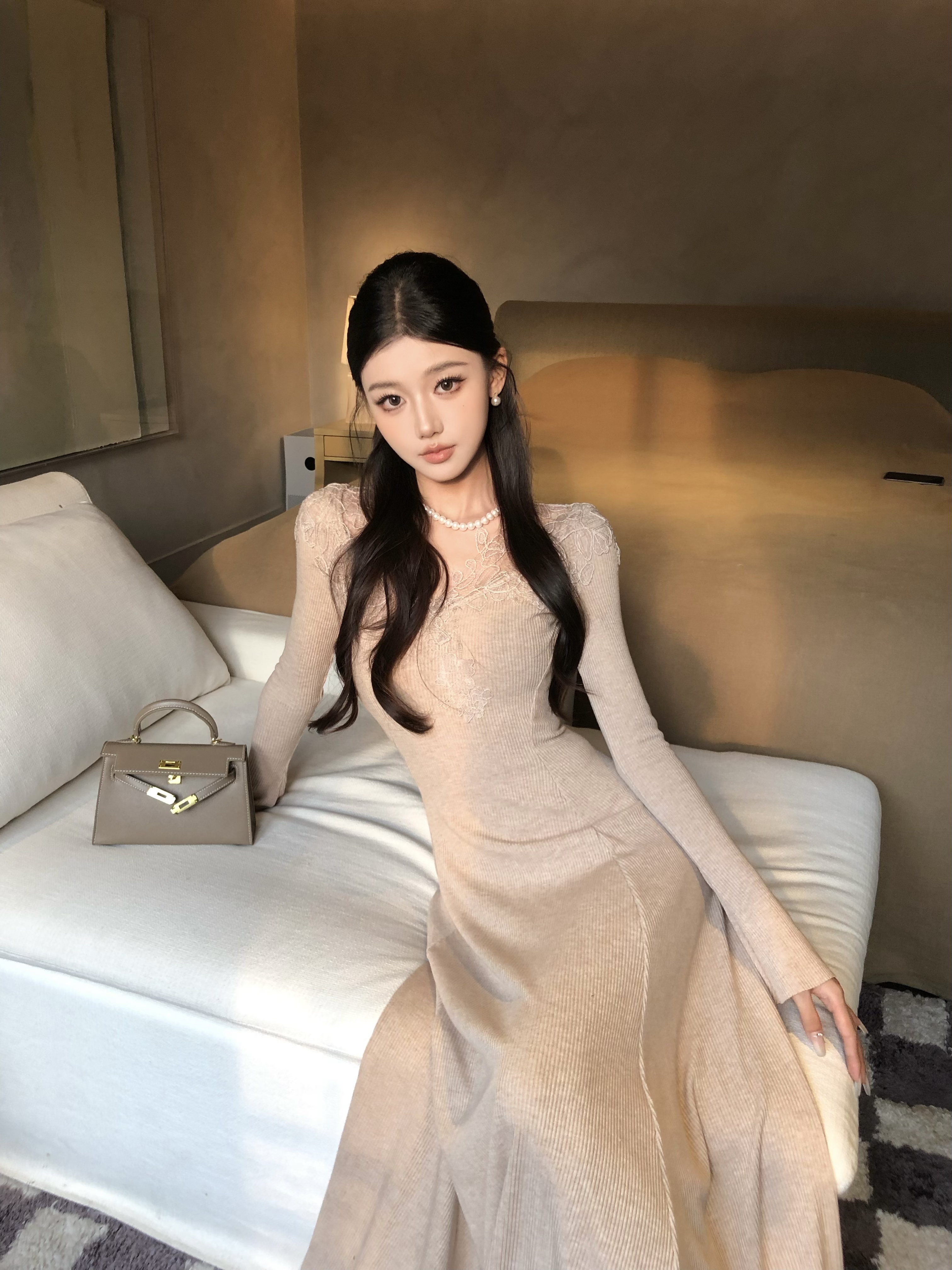 春日部【落花梦瀑】显瘦气质长袖网红打底秋时尚长裙连衣裙01178