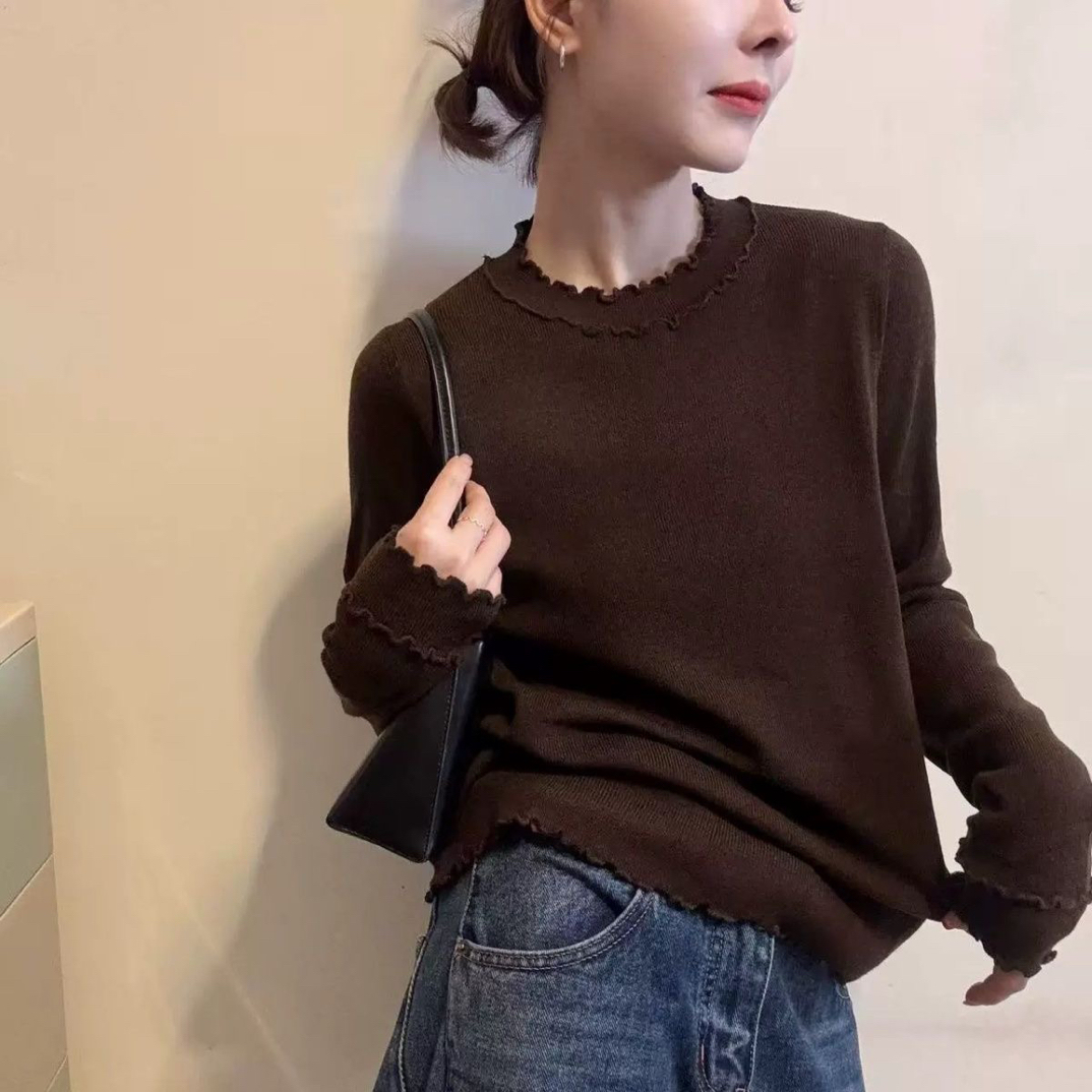 【80-180斤】木耳边圆领设计感针织上衣女秋冬修身显瘦内搭打底衫潮