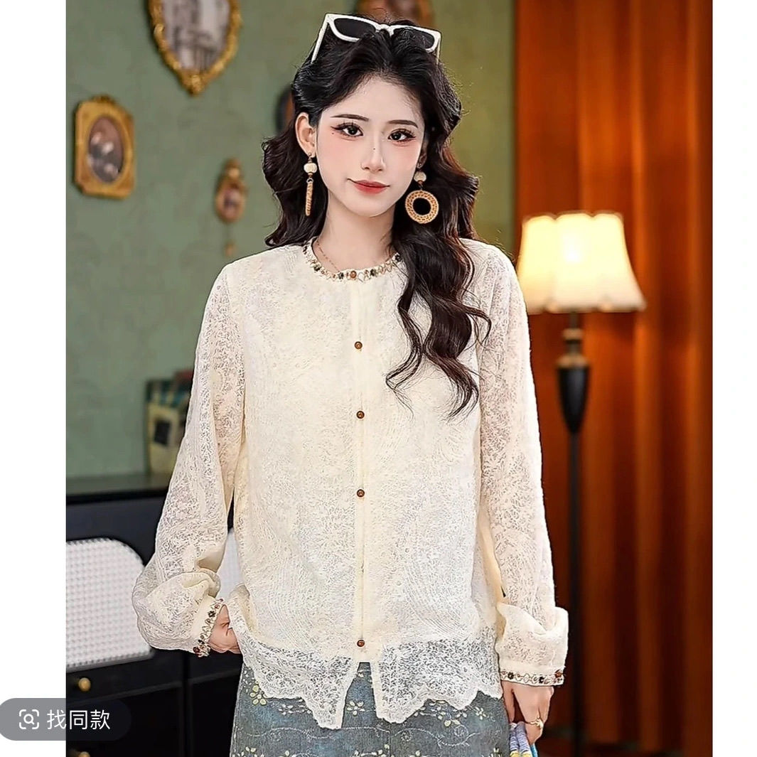 优雅风圆领蕾丝刺绣衬衫女2025春夏季新款宽松遮肚子显瘦上衣潮