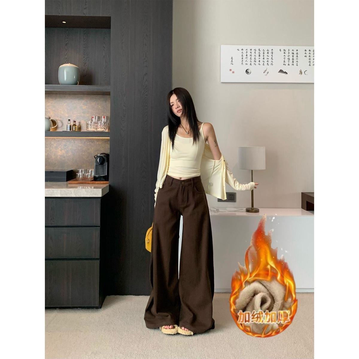 美拉德色系有加绒版显瘦高腰休闲牛仔裤女小个子宽松直筒阔腿裤