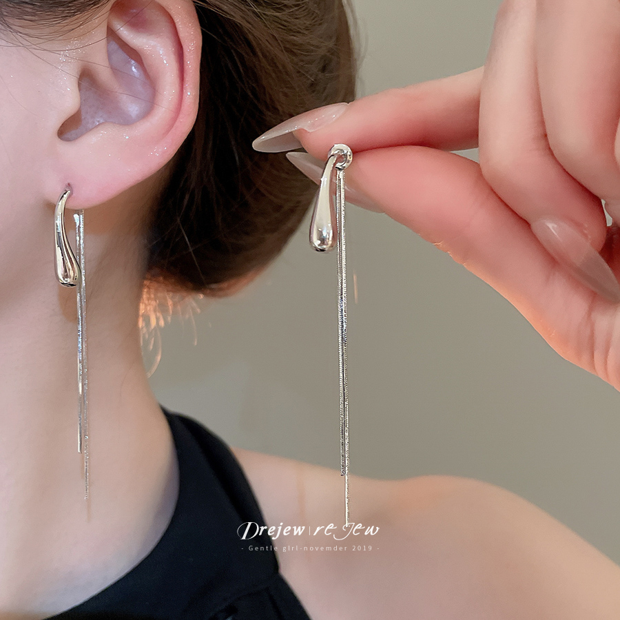 铜合金耳饰 法式冷淡风光面豆豆长流苏耳环时尚气质百搭耳钉A379