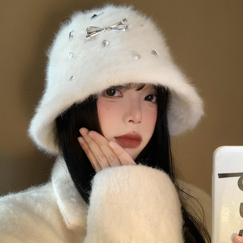 兔毛渔夫帽女秋冬季韩版百搭显脸小水桶帽大头围保暖白色毛绒帽子